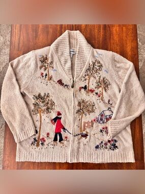 Vintage Alfred Dunner Fisherman Grannycore Cardigan Knit Fall Sweater Womens XL